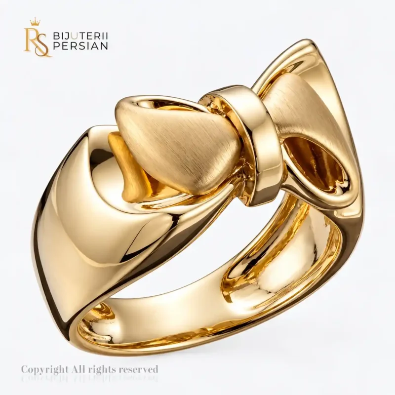 Inel aur galben 14K model fundă sau nod modern cu finisaj dublu lucios și mat satinat