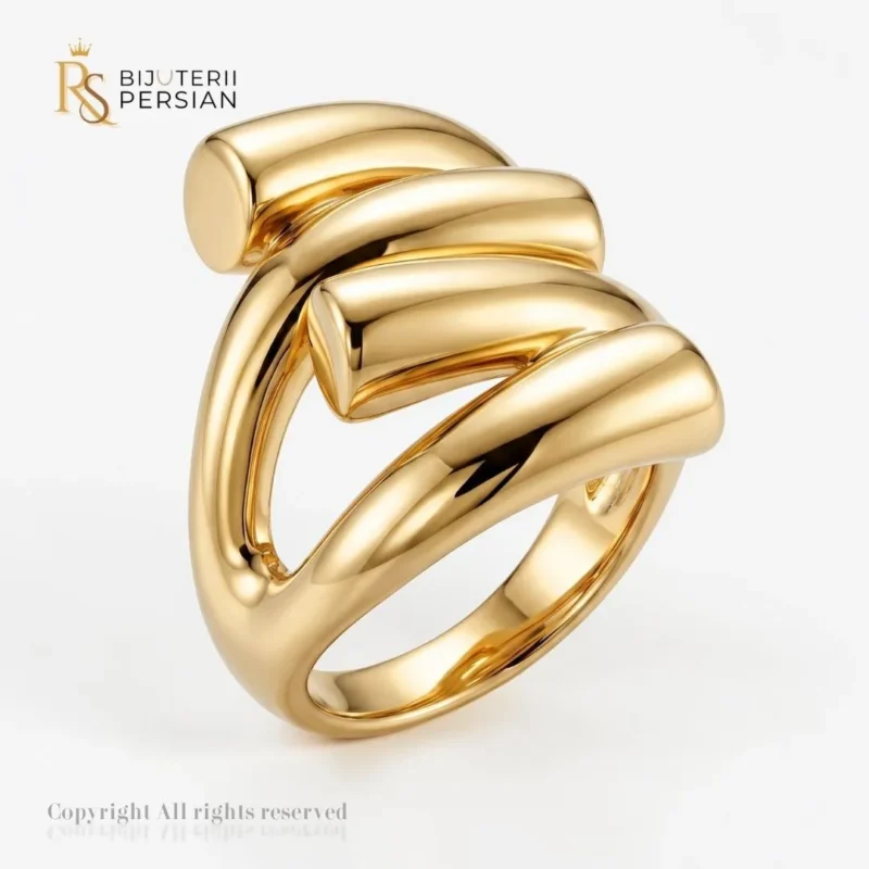 Inel aur galben fara pietre model modern cu linii tubulare spiralate si finisaj lucios din aur 14K