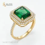 Inel aur galben cu piatra din zirconiu cubic verde si dublu halo de cristale albe din aur 14K