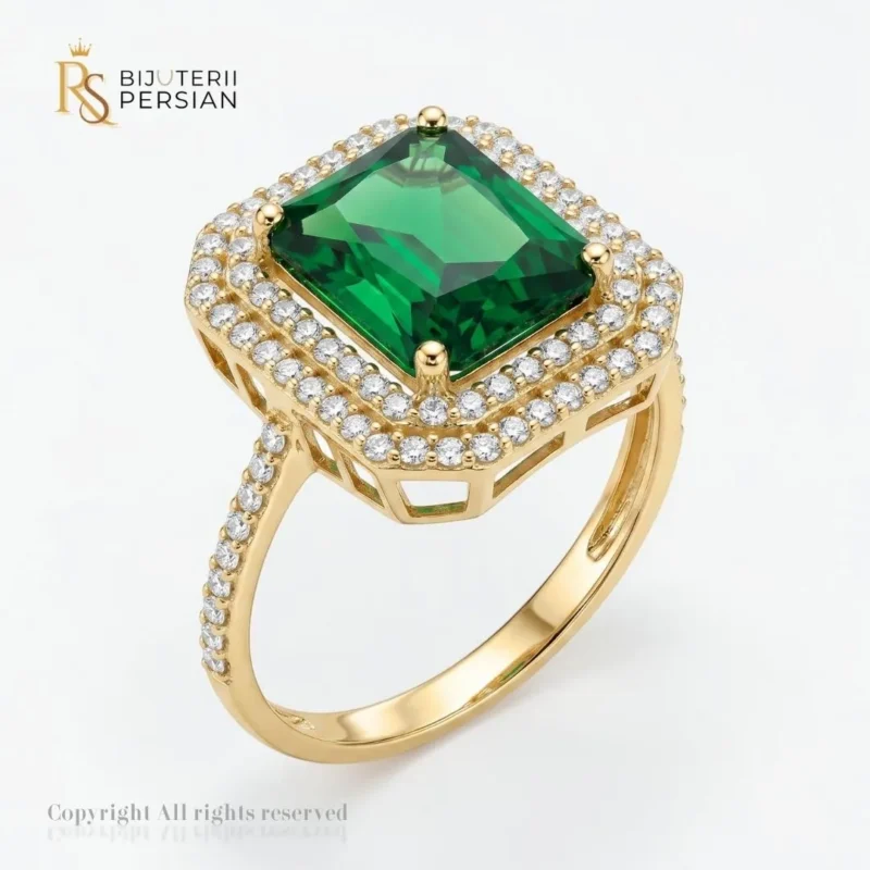 Inel aur galben cu piatra din zirconiu cubic verde si dublu halo de cristale albe din aur 14K