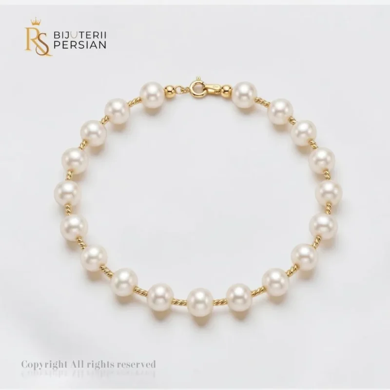Bratara aur galben perle naturale din aur 14K cu perle sferice de cultura si zale rasucite din aur