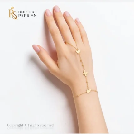 Bratara de mana cu inel din aur galben 14K cu fluturi decupati si bilute stralucitoare din aur pe lant
