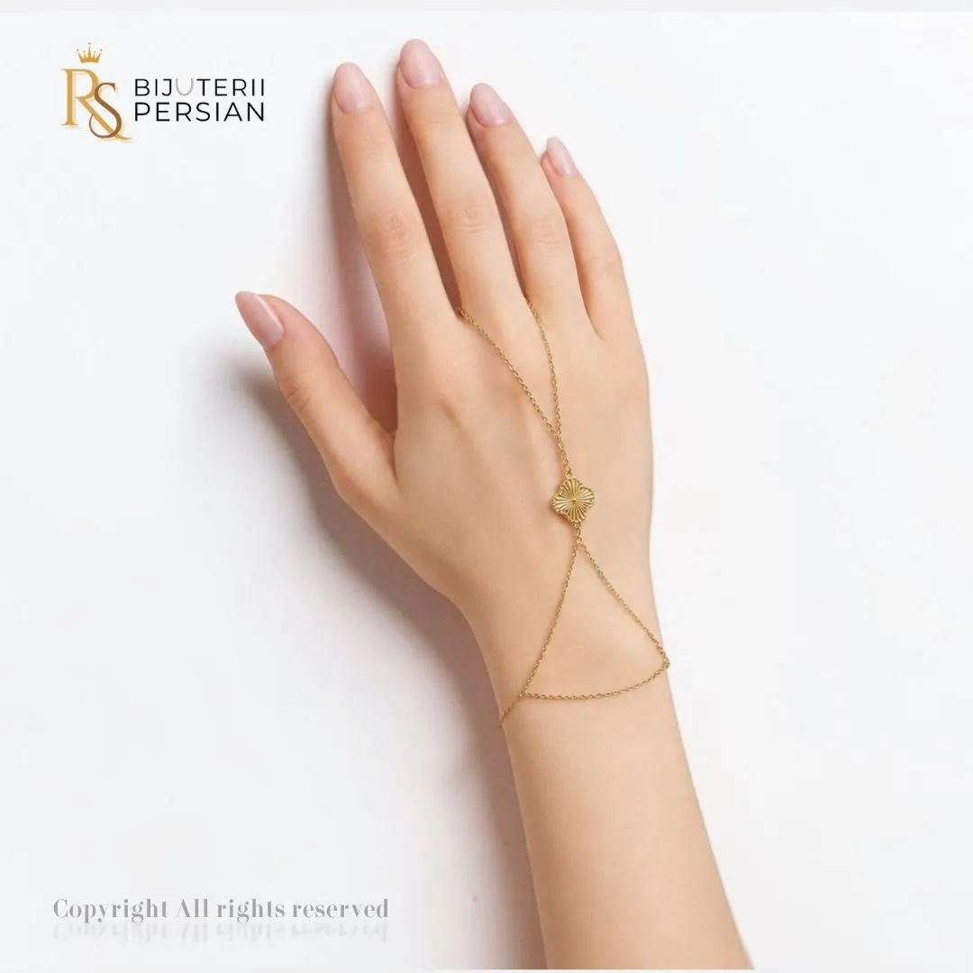 bratara-de-mana-cu-inel-aur-galben-14k-trifoi-bijuterii-persian Bratara de mana cu inel din aur galben 14K cu motiv central trifoi cu patru foi si striații solare