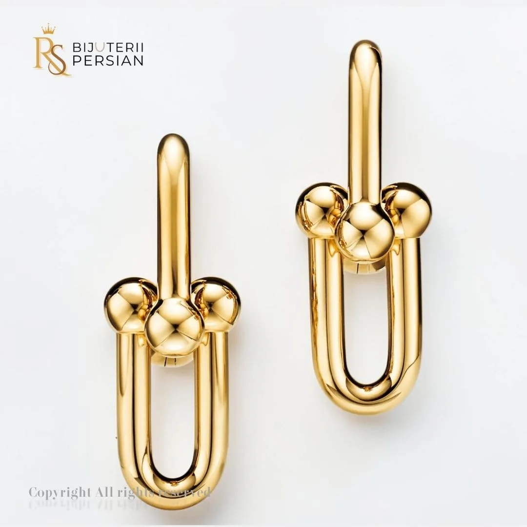 cercei-aur-galben-14k-zale-industriale-bijuterii-persian Cercei din aur galben 14K model zale interconectate cu bile metalice lucioase stil modern