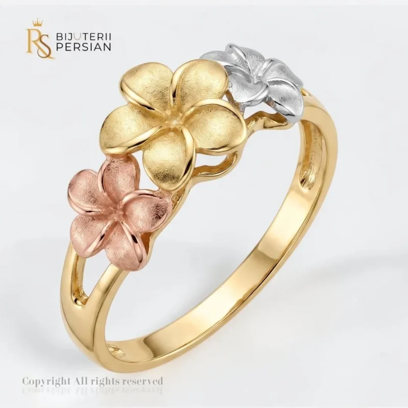 Inel din aur 14K tricolor cu trei flori Plumeria sculptate din aur galben alb si roz cu textura satinata