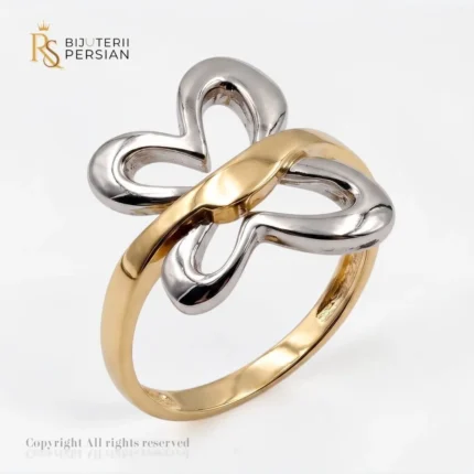 Inel aur bicolor fluture din aur 14K cu aripioare din aur alb si corp din aur galben lucios