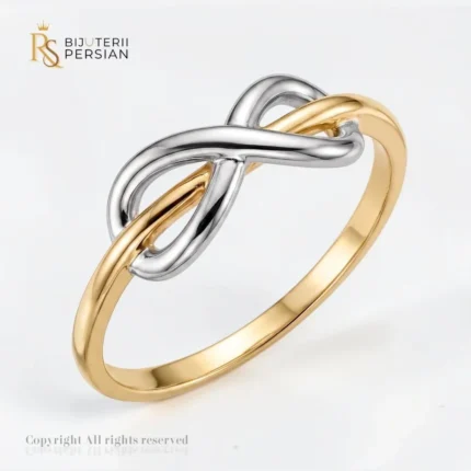 Inel aur bicolor infinit din aur 14K cu simbolul infinitului din aur alb intercalat pe sina din aur galben