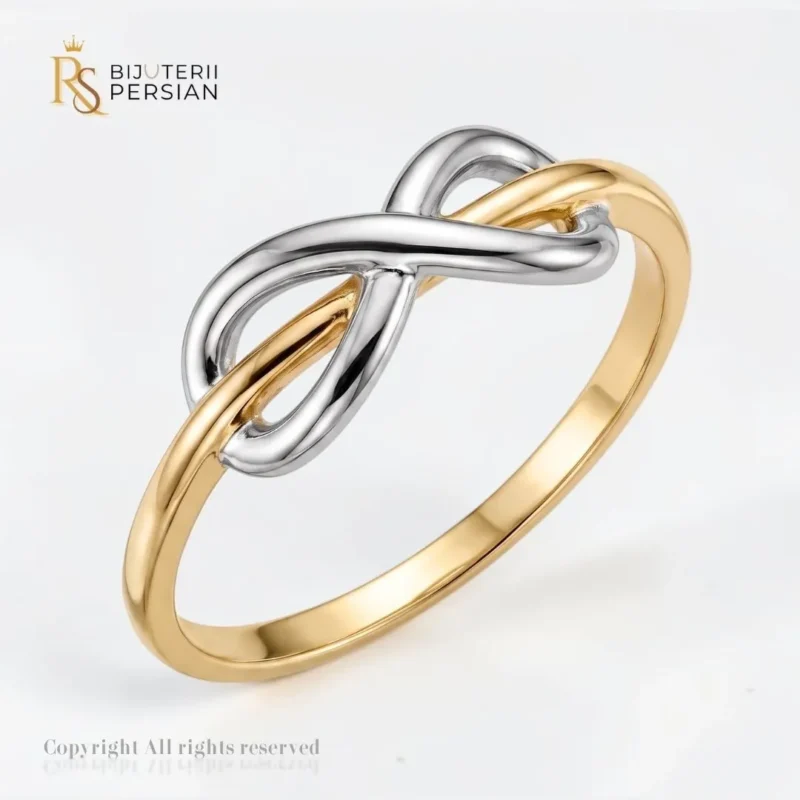 Inel aur bicolor infinit din aur 14K cu simbolul infinitului din aur alb intercalat pe sina din aur galben