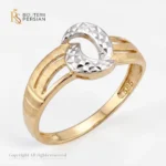Inel aur bicolor oval din aur 14K galben cu umeri striati si motiv central oval din aur alb diamantat
