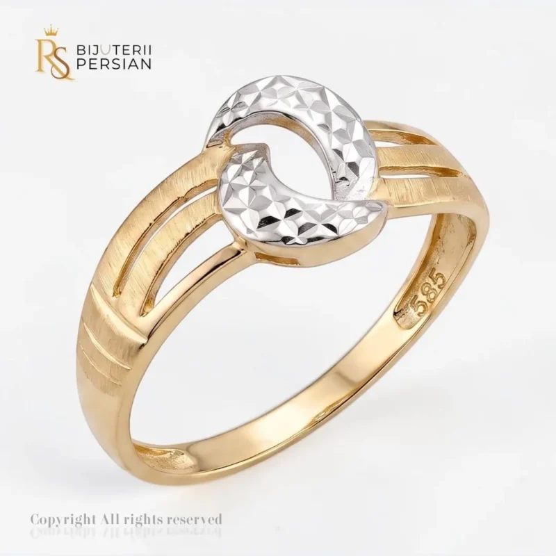 Inel aur bicolor oval din aur 14K galben cu umeri striati si motiv central oval din aur alb diamantat