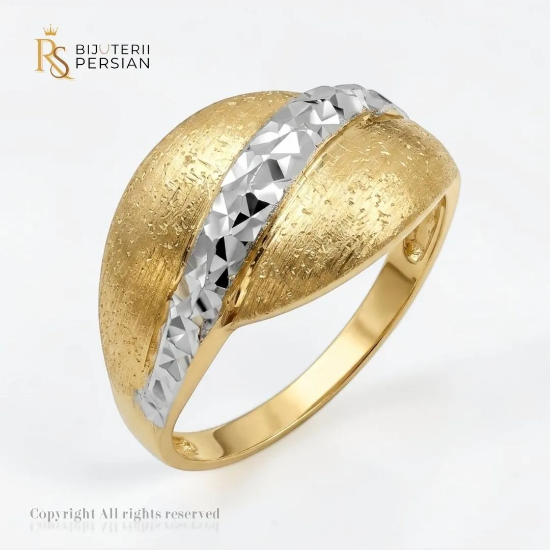 inel-aur-bicolor-satinat-14k-taietura-diamantata-bijuterii-persian Inel aur bicolor satinat din aur 14K galben matisat si banda centrala din aur alb cu taietura diamantata