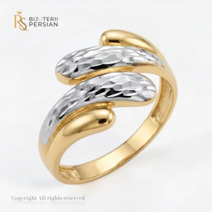 Inel aur bicolor serpuit din aur 14K galben si alb cu profil bypass si muchii diamantate