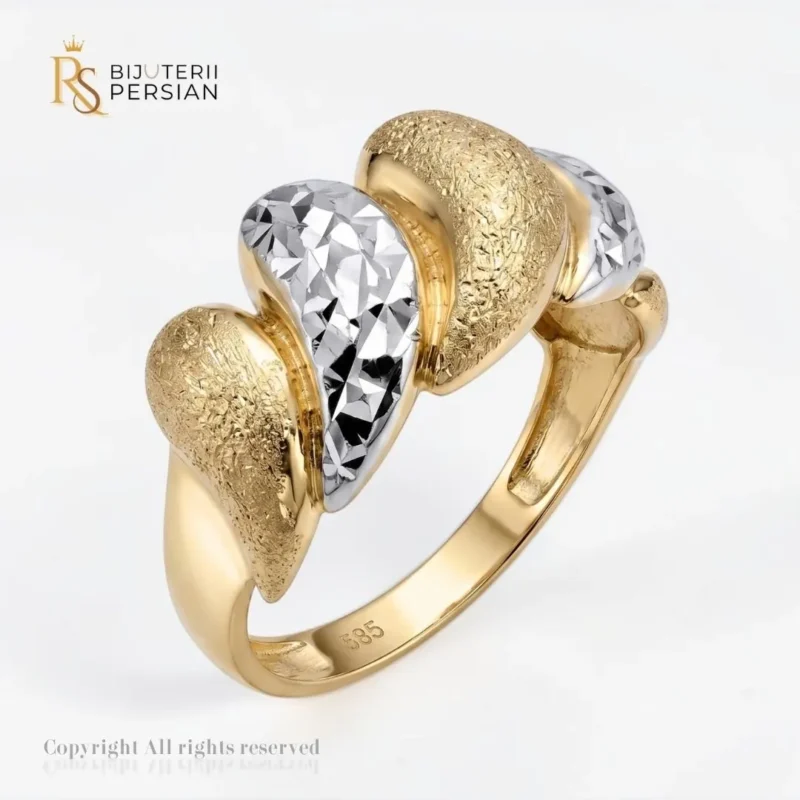 Inel aur bicolor valuri din aur 14K galben matisat si alb cu taietura diamantata facetata