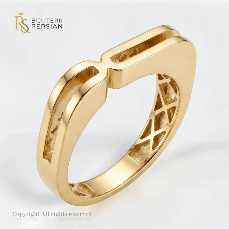 Inel din aur galben 14K cu design arhitectural modern, canal central si grilaj interior confortabil