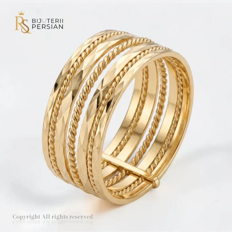 Inel lat din aur galben 14K cu mai multe sine alternate cu textura torsionata si taietura diamantata