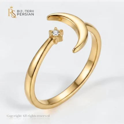 Inel deschis din aur galben 14K cu pandantiv luna crescatoare si stea cu cristal zirconiu