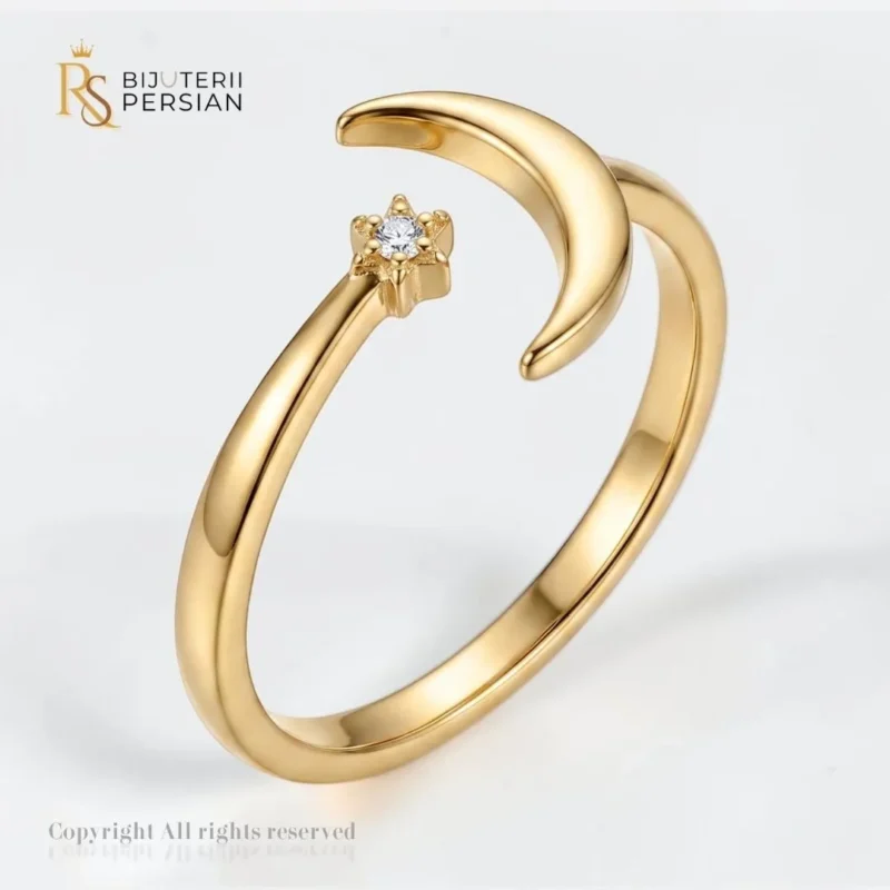 Inel deschis din aur galben 14K cu pandantiv luna crescatoare si stea cu cristal zirconiu