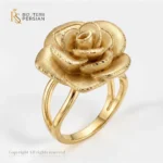 Inel din aur galben 14K model trandafir sculptat 3D cu sina dubla si petale diamantate