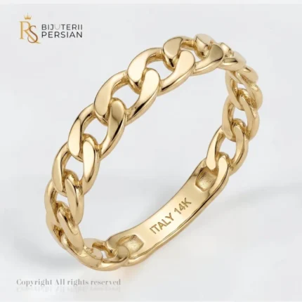 Inel din aur galben 14K cu model zale lanț curb aplatizate stil italian și suprafață lucioasă
