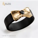 Inel aur galben cauciuc negru din aur 14K cu banda din cauciuc mat si funda din aur cu zirconiu negru