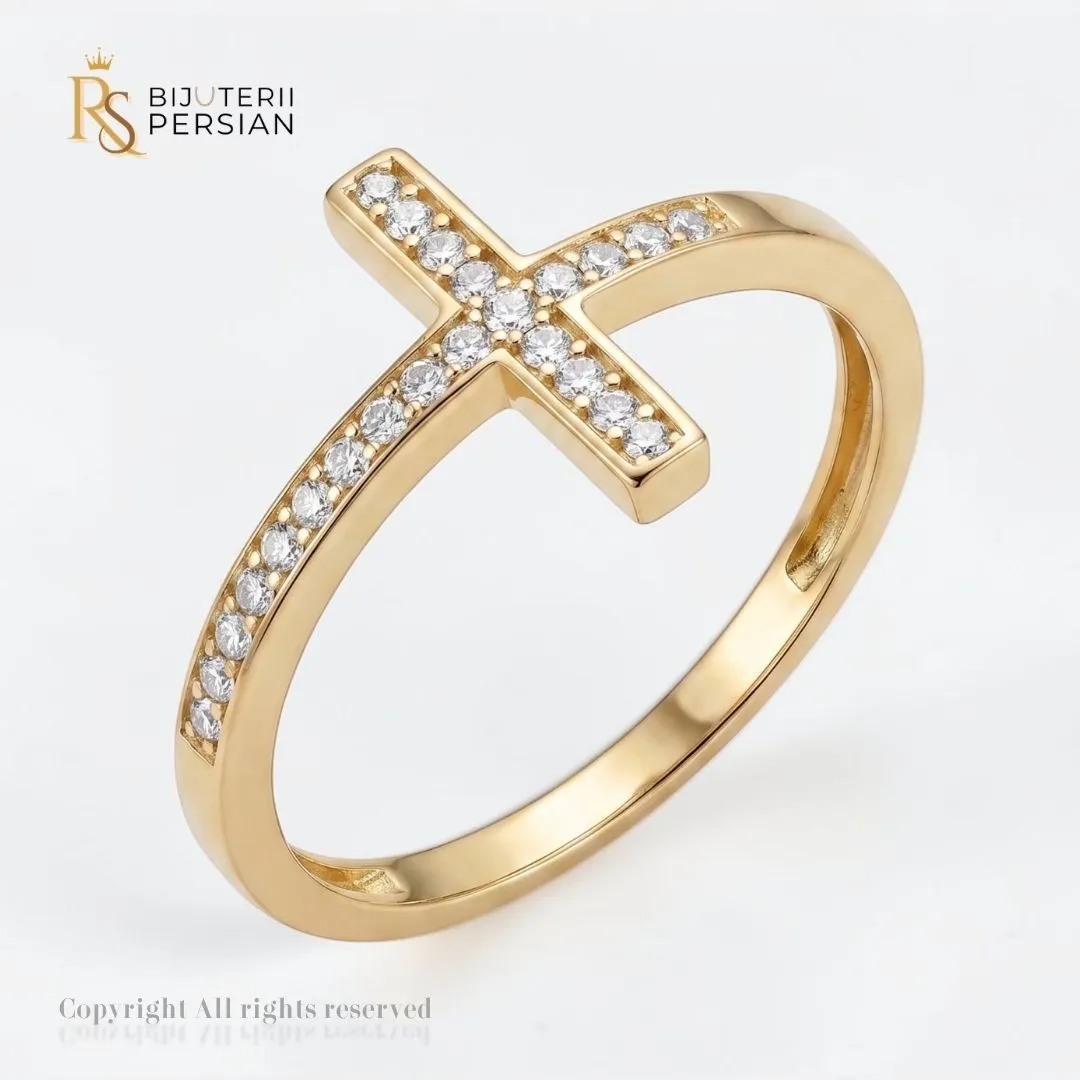 inel-aur-galben-cu-cruce-14k-orizontala-bijuterii-persian Inel aur galben cu cruce orizontala incrustata cu cristale de zirconiu pe sina subtire