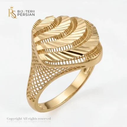 Inel aur galben filigran din aur 14K cu coroana diamantata in valuri si umeri cu retea ajurata