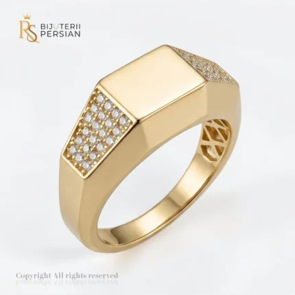 Inel aur galben gheara din aur 14K cu platou dreptunghiular neted si umeri incrustati cu cristale de zirconiu