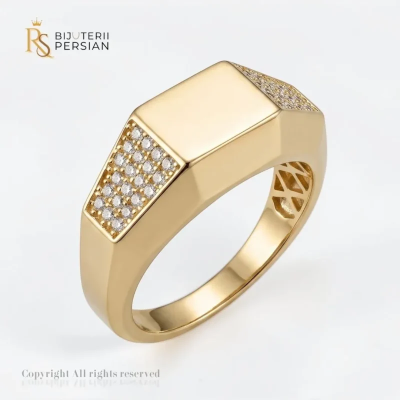 Inel aur galben gheara din aur 14K cu platou dreptunghiular neted si umeri incrustati cu cristale de zirconiu