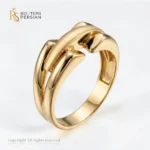 Inel aur galben intercalat din aur 14K cu benzi curbate lucioase si element central satinat