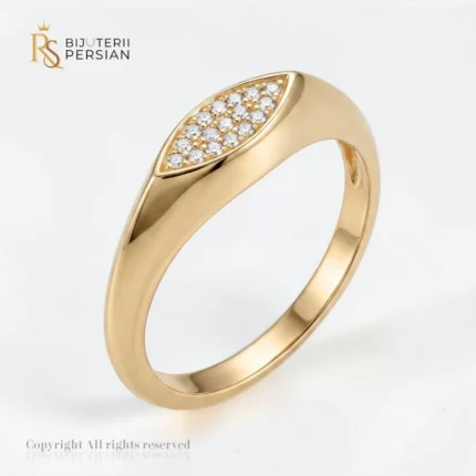 Inel aur galben marquise pave din aur 14K cu profil bombat si caseta centrala in forma de frunza incrustata cu zirconiu