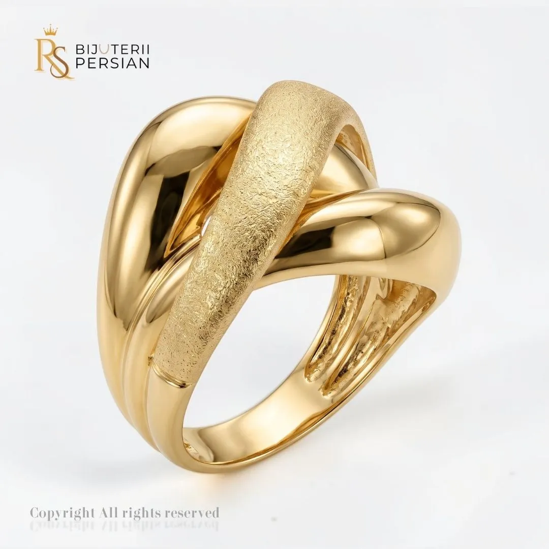 inel-aur-galben-sculptural-14k-satinat-lucios-bijuterii-persian Inel aur galben sculptural din aur 14K cu benzi voluminoase lucioase si banda diagonala cu textura satinata