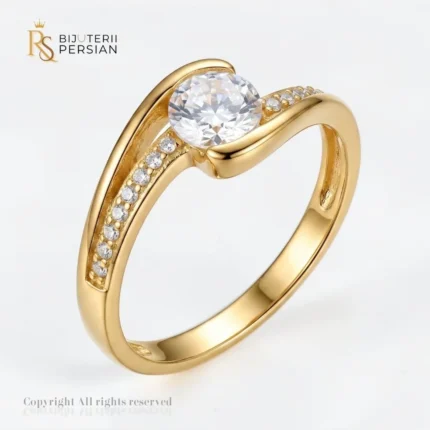 Inel aur galben solitar bypass din aur 14K cu cristal central rotund si sina dubla incrustata cu zirconiu