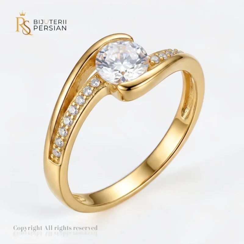 Inel aur galben solitar bypass din aur 14K cu cristal central rotund si sina dubla incrustata cu zirconiu