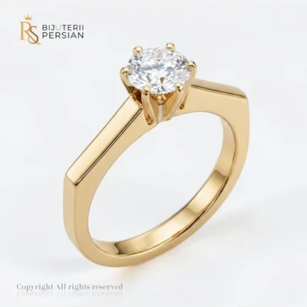 Inel aur galben solitar clasic din aur 14K cu piatra centrala rotunda montata in 6 gheruțe elegante