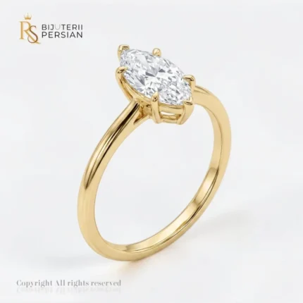 Inel aur galben solitar marquise din aur 14K cu piatra centrala eliptica tăiată în formă de marquiză și șină subțire polizată