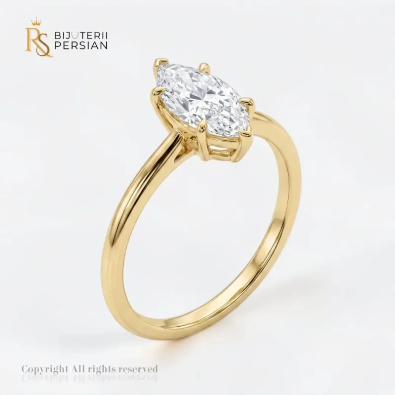 Inel aur galben solitar marquise din aur 14K cu piatra centrala eliptica tăiată în formă de marquiză și șină subțire polizată