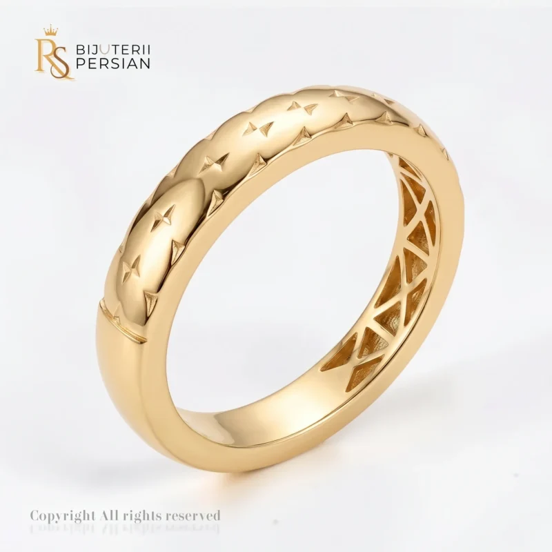 Inel aur galben steluțe din aur 14K cu gravura stelara diamantata pe intreaga suprafata si retea interioara ajurata