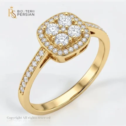 Inel de logodna din aur galben 14K cu coronita patrata mozaic din patru pietre si halo incrustat