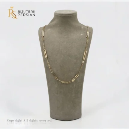 Lant din aur galben 14K cu zale dreptunghiulare alungite stil paperclip si placute metalice netede