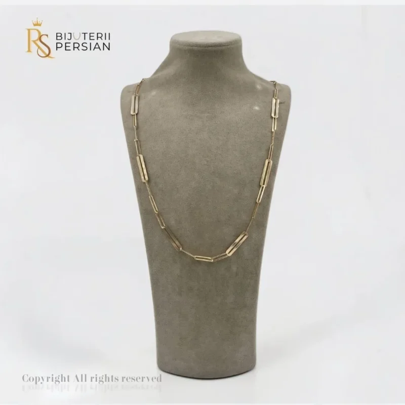 Lant din aur galben 14K cu zale dreptunghiulare alungite stil paperclip si placute metalice netede