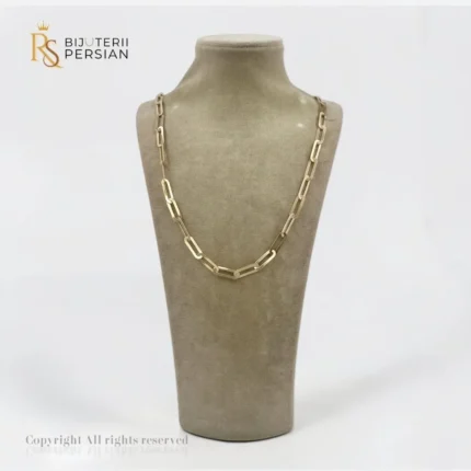 Lant din aur galben 14K cu zale dreptunghiulare alungite stil paperclip lat si suprafata lucioasa