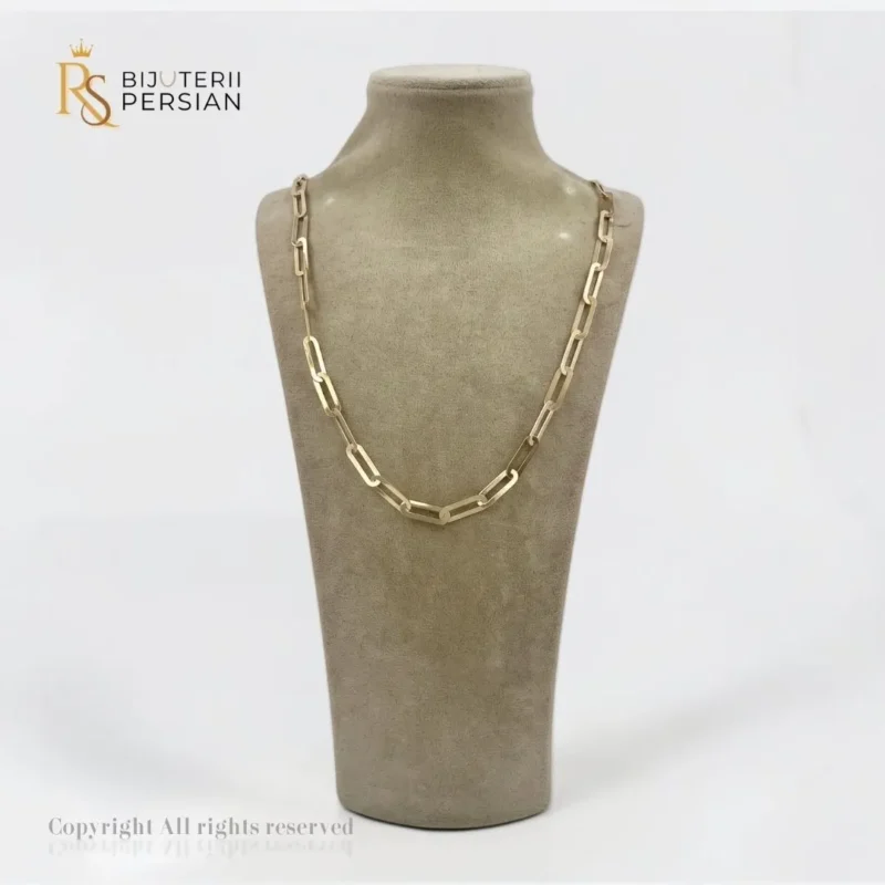 Lant din aur galben 14K cu zale dreptunghiulare alungite stil paperclip lat si suprafata lucioasa