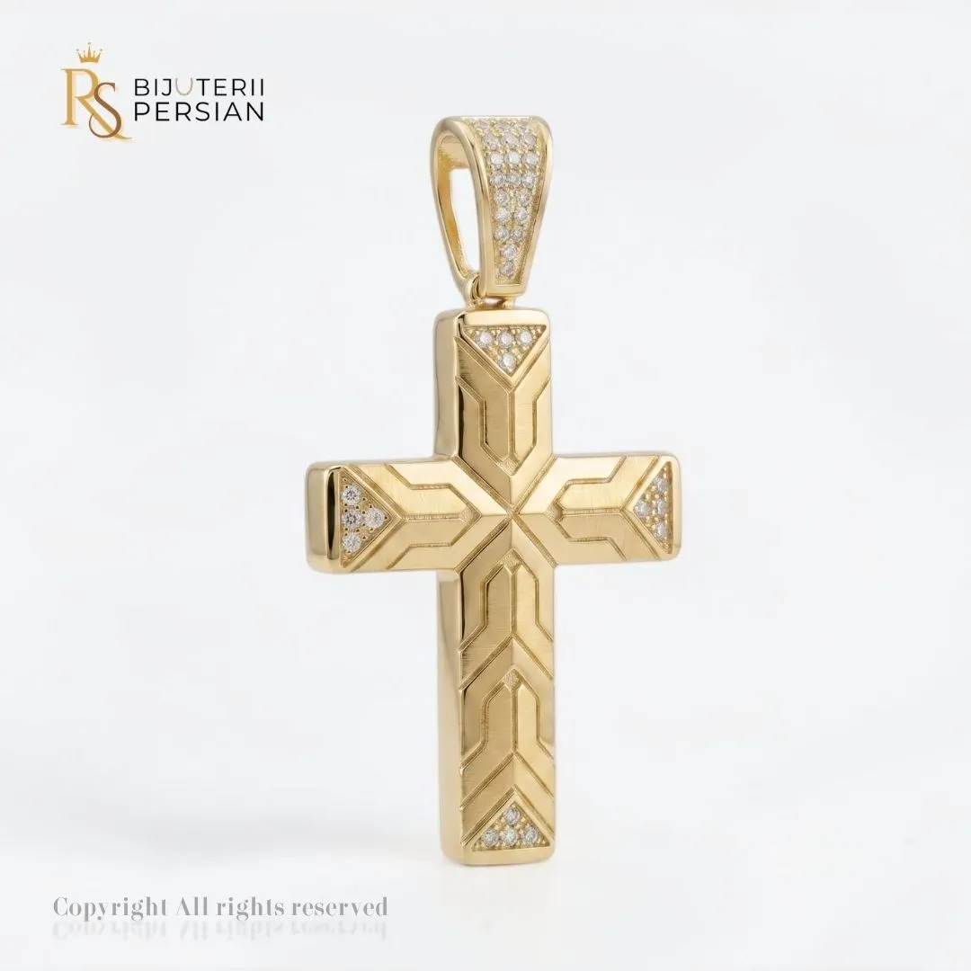 pandantiv-aur-galben-cruce-14k-geometric-bijuterii-persian Pandantiv aur galben cruce din aur 14K cu gravuri geometrice satinate, colturi incrustate si anou pavat cu zirconiu