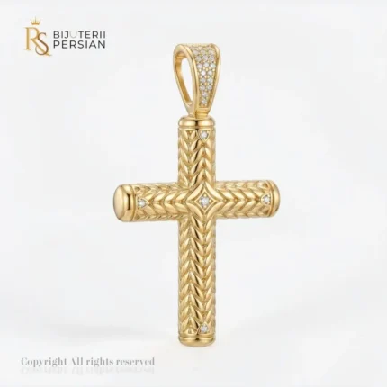 Pandantiv aur galben cruce tubulara din aur 14K cu gravură în relief model spic de grâu și anou încrustat cu zirconiu