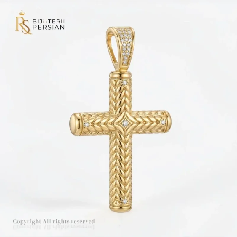 Pandantiv aur galben cruce tubulara din aur 14K cu gravură în relief model spic de grâu și anou încrustat cu zirconiu