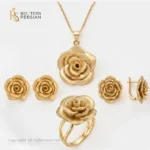 Set complet din aur galben 14K cu model trandafiri sculptati 3D cercei inel si pandantiv cu lant