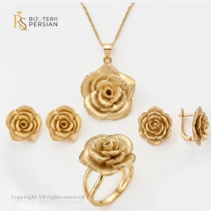 Set complet din aur galben 14K cu model trandafiri sculptati 3D cercei inel si pandantiv cu lant