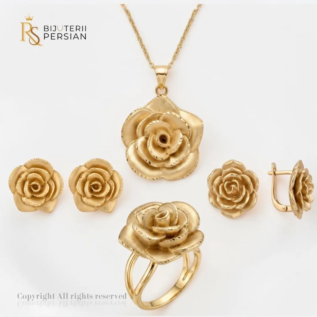 set-aur-galben-14k-model-trandafir-3d-bijuterii-persian Set complet din aur galben 14K cu model trandafiri sculptati 3D cercei inel si pandantiv cu lant