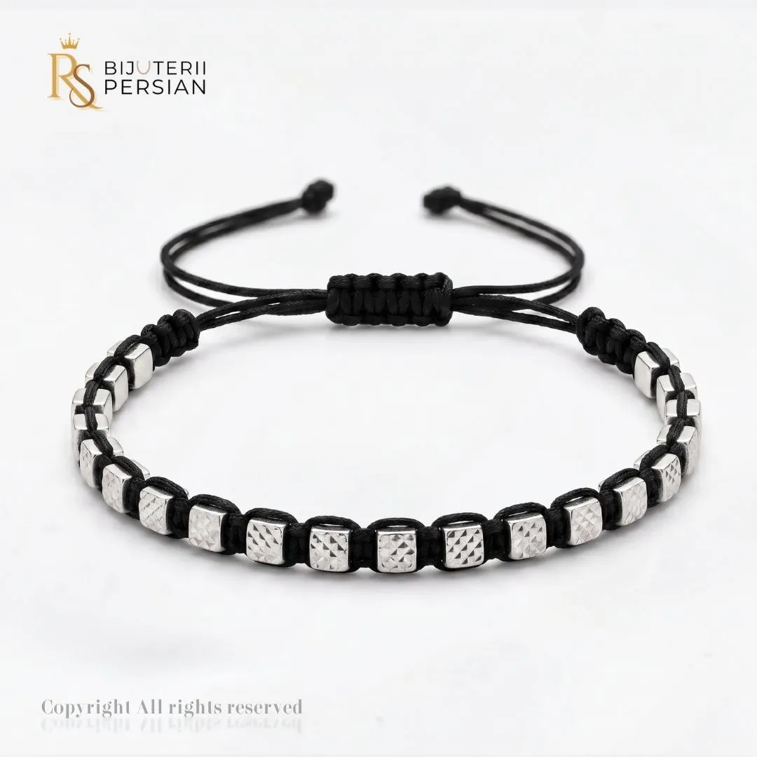 bratara-aur-alb-cu-snur-14k-cuburi-fatetate-bijuterii-persian Bratara aur alb cu snur si cuburi din aur 14K cu finisaj diamantat intercalate pe impletitura macrame neagra