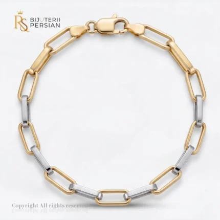 Bratara aur bicolor zale alungite paperclip din aur 14K cu zale dreptunghiulare alternate din aur galben si alb polizate